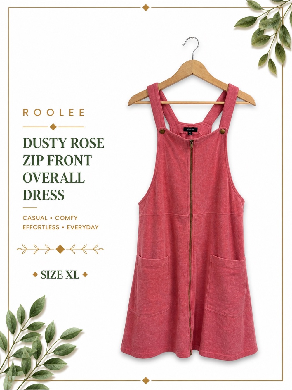 Roolee Dusty Rose Zip-Front Overall Midi Dress